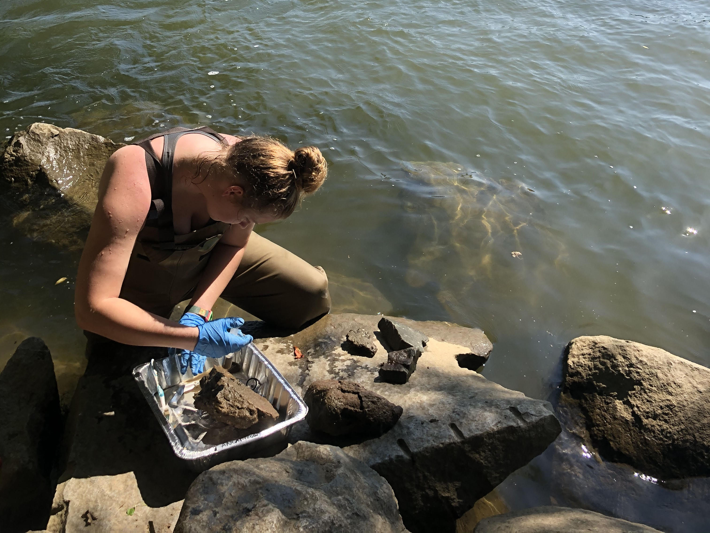 Woman on the banks of the water with blue gloves on performing an experiment with the water