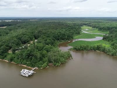 Overhead picture of Rice River Center, looking over wetlands, field station, and lake