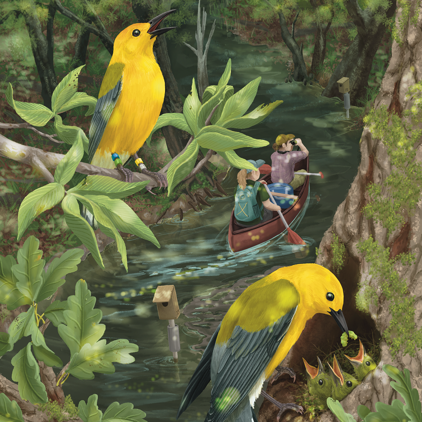 Illustration of two prothonotary warblers in a tree, with two people in a canoe in the foreground.